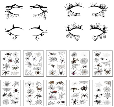 4 Paar Halloween Eyeliner Aufkleber und 10 Blätter Halloween Spinnen Gesichtsaufkleber, Spinnennetz Aufkleber Temporäre Gesichtsaufkleber für Halloween Party Rave