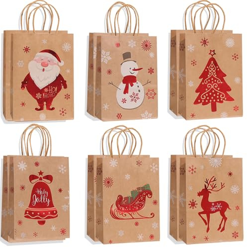 Dazhtu 12 Stück Geschenktüten Weihnachten, Weihnachts Kraft Geschenktaschen,Süßigkeitstüten, wiederverwendbare weihnachtsgeschenktüten mit Griffen,perfekt für Weihnachtsfeiern,Weihnachtsgeschenke