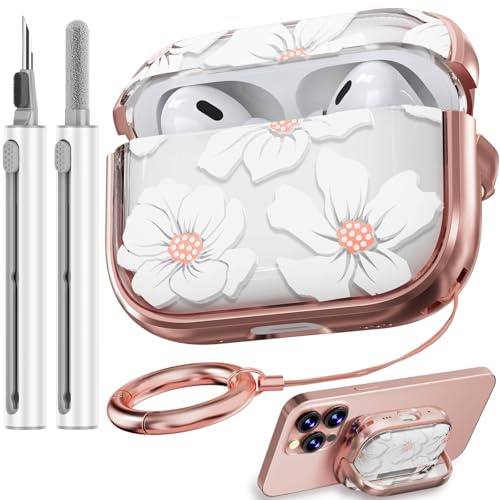 Safety Lock Inesore Floral Cute Hülle Compatible with AirPods Pro (1st/2nd Gen), Case for Women Girls, with Cleaning Kit (2023 USB-C/2022/2019) - White