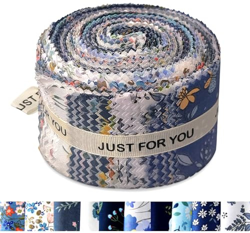 50 Stück Jelly Roll Stoffe zum Quilten, 6,4 cm breites florales Baumwoll-Nähgewebe, sortierte Jelly Roll Quilt-Muster Stoff-Bundles für Decke, Teppich, Polsterung, Wohndekor und Bastelarbeiten (Blau)