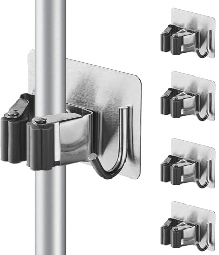 Cokshy Besenhalterung Wand, 4 Stück Edelstahl Besenhalter mit Haken Selbstklebend, Mop Halterung ohne Bohren Quadrat für KüChe, Wischmopp, Badezimmer, Garten, Schaufel, Werkzeuge (Grau)