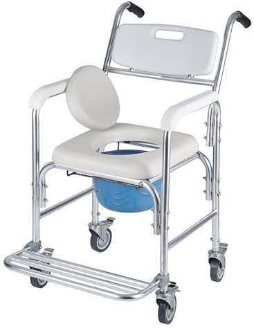 4-in-1-Duschstuhl mit Rädern, Badezimmer-Dusch-Toilettenstuhl, Toilettenstuhl mit abnehmbarem Eimer, Nachttisch-Toilettenstuhl für ältere und behinderte Menschen,Weiß