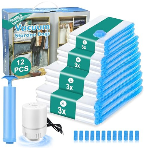 Vakuumbeutel für Kleidung mit Elektrischer Luftpumpe, 12 Stück Vakuumbeutel für Bettdecken 3 Jumbo, 3 Groß, 3 Mittelgroß, 3 Klein Wiederverwendbar Vakuumierbeutel für Reisen Und Tägliche Aufbewahrung