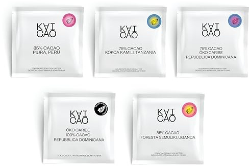 Kaicao Chocolat Noir Pack Dégustation - 5 Chocolats Édulcorés aux Dattes - 100% Oko République Dominicaine, 85% Ouganda et Pérou, et 75% Tanzanie - 5 x 30 g