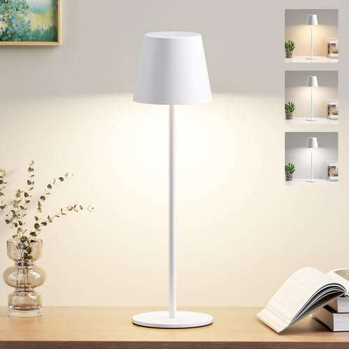 PreeOtti Tischlampe Kabellos LED, Akku Tischlampe für Outdoor Indoor(Weiß) | Nachttischlampe Touch Dimmbar, 3 Farbtemperatur, 5000 mAh, Tischleuchte mit USB-C Aufladbare, Lampe für Nachttisch Camping