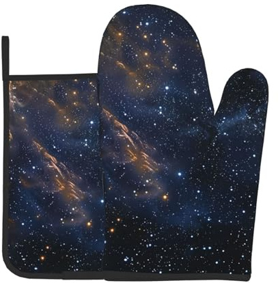 Starry Night Deep Outer Space Printed Oven Mitts and Pot Holders Sets of 2 Pcs - Heat Resistant Waterproof Bbq Oven Gloves for Cooking Baking Grilling