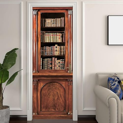 Türtapete Selbstklebend 100x200 Holz Türfolie Vintage Bücherregal Türaufkleber Fototapete 3D Effekt Türklebefolie Türposter für Innentür Schlafzimmer Bad Dekoration M4779