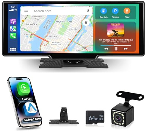 Motorsi Wireless Carplay Display Android Auto, 10.26 Zoll Tragbares Autoradio mit Kabelloses Carplay Bildschirm, Digital Receiver mit Bluetooth GPS Navigation AUX/FM Mirror Link Siri Voice Control