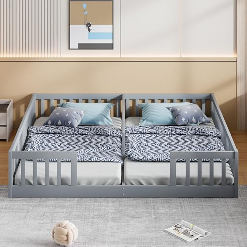 TOBIDOEN Kinderbett Bodenbett 90x200 cm mit Sicherheitsgitter, Holzbett Jugendbett aus Kiefer für Familien mit 2 Kindern, Kinder Bett Zwillingsbett ohne Lattenrost, Grau