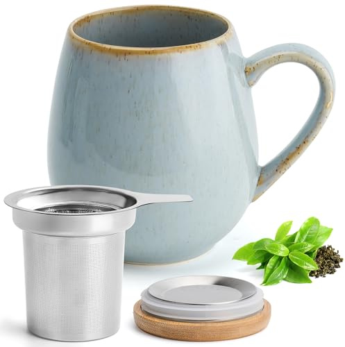 Happy Lemuro Teetasse mit Deckel und Sieb - 550 ml - Tee Tasse Groß - Tea Cup - Teetasse Gross - Große Tasse mit Deckel - Tee Zubehör - Tea Mug - Jumbotasse (Steingrau)