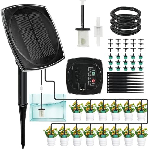 Annefly Solar Irrigation System Kits Automatic Garden Watering Systems Drip Irrigation Kit with 12 Timer and 15 Drippers & 15m Hose for Indoor Outdoor Greenhouse Plant Balcony Lawn Potted Vegetable