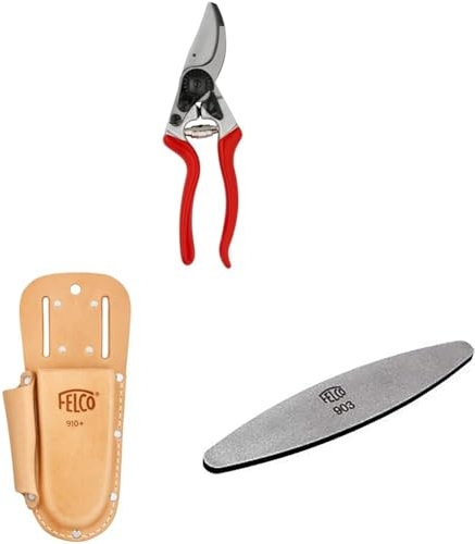 FELCO 9 Linkshänder-Gartenschere mit Lederholster 910+ und Schärfwerkzeug 905 – Ergonomisches Linkshänderset für Reben- und Strauchschnitt