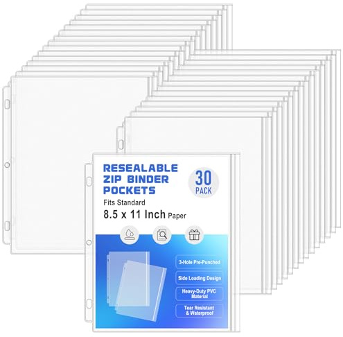 Antner 30 Pack Letter Size Binder Pockets for 3 Ring Binder, Waterproof Resealable Zip Loose Leaf File Bags Document Organizer Folders Insert Page Sleeves PVC 3-Hole Sheet Protectors for 8.5x11 Paper