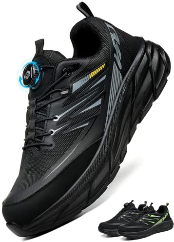 RUGNOR Chaussures de Sécurité Hommes Femme Légère Basket Securite Chaussures de Travail Embout en Acier Lacets Bouton Rotatif Noir EU 42
