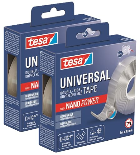 tesa Universal Nano Tape - transparentes, doppelseitiges Klebeband - leicht wiederablösbar und wiederverwendbar - wetterfest, für In- und Outdoor - 3 m x 30 mm (2er Pack)