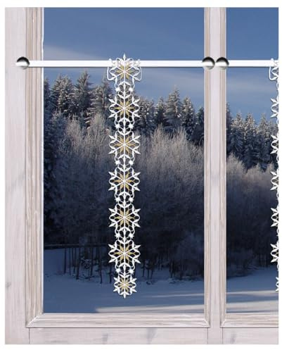 Girlande Leise rieselt der Schnee Vogtländische Spitze | Winter-Fensterdeko mit Schneeflocken weiß-gold | Filigran gestickter Spitzen-Behang | Spitzengardine Schneesterne HxB 34 x 5 cm