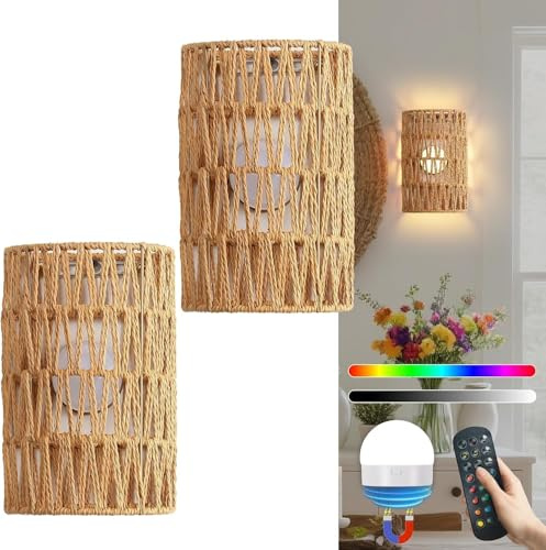 TRUYOK 2 Stück Wandleuchte Innen RGB Dimmable Wandlampe mit Fernbedienung Boho Rattan Nachttischlampe Vintage Bambuslaterne Lampe ohne Stromanschluss für Wohnzimmer Schlafzimmer Treppen Flur