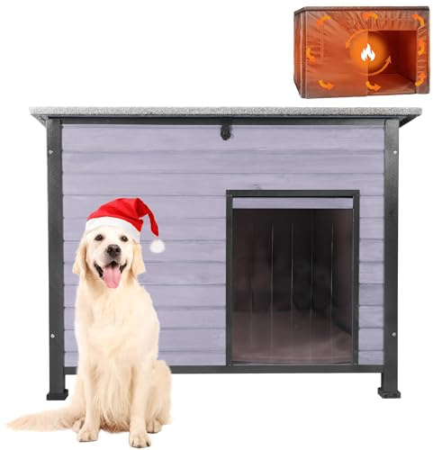 Outdoor Wooden Cat Dog House, Large Size, Weatherproof with Asphalt Roof, Windproof and Waterproof, Metal Reinforced Frame, Insulated Pet Shelter (Grey, Lage-Insulated)