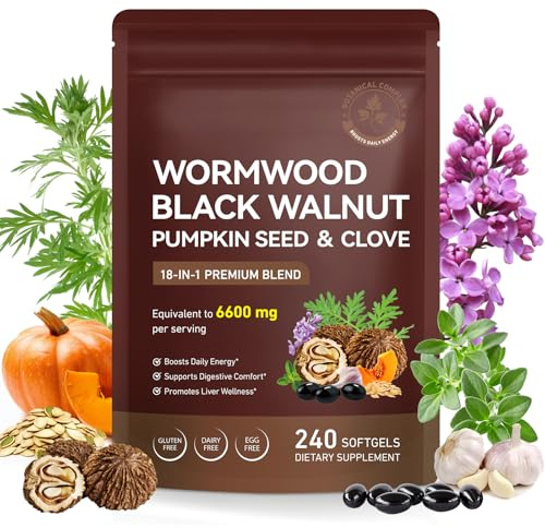 Wormwood Black Walnut and Clove Capsules, 18-in-1 Premium Herbal Blend Supplement with Garlic, Oregano & Pumpkin Seed, Supports Digestive, Liver Wellness & Daily Energy, 240 Capsules (Pack of 1)