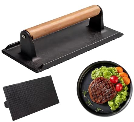 Prensa De Hierro Fundido,Utensilio Para Cocina Rectangular Con Mango De Madera - Prensa de Carne de Bistec para Barbacoa Exterior | Para Plancha Paninis Cocina Parrilla Barbacoa Camping Eventos Restau