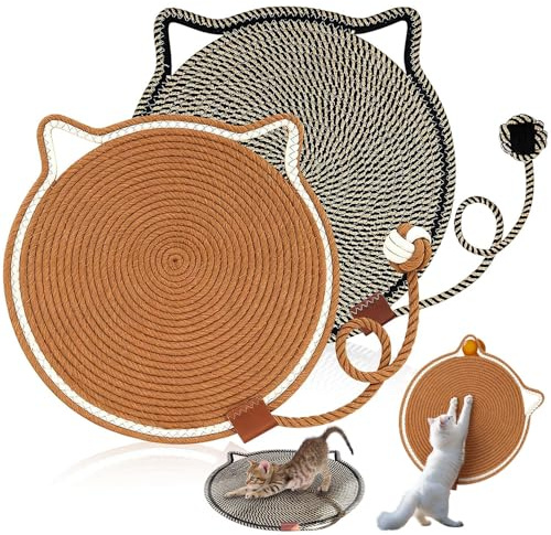 SKJJM 2 Pcs Cat Scratcher Mat, 16.5’‘ Large Cotton Rope Cat Scratching Board with Sisal Mat, Durable Round Horizontal Floor Cats Scratching Pads, Cats Furniture Protector for Wall, Couch,Carpets, Sofa
