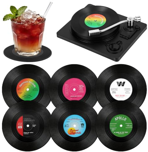 AOOWU Untersetzer Gläser 6er Set, Retro Vinyl Schallplatte Untersetzer mit Kreativität Halter, rutschfest und Isoliert Untersetzer-Set, für alle Arten von Tassen außerdem Bars, Cafés, Party, Büro