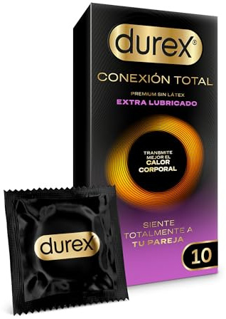 Durex Conexión Total Extra Lubricado - Preservativo Ultra Fino Plus sin Látex con Tecnología Body Feel que Transmite Mejor el Calor Corporal, 10 Condones Extra Lubricados