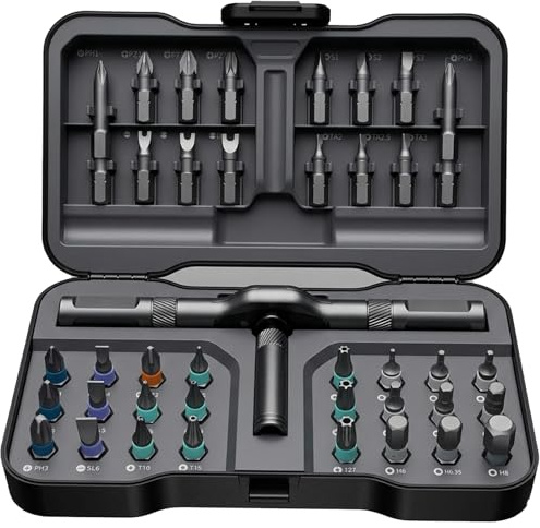 ATuMan Set di cacciaviti magnetici a cricchetto 42 in 1, 38 punte in acciaio legato S2, manico staccabile, con custodia, per casa, fai da te, riparazione di biciclette ed elettronica