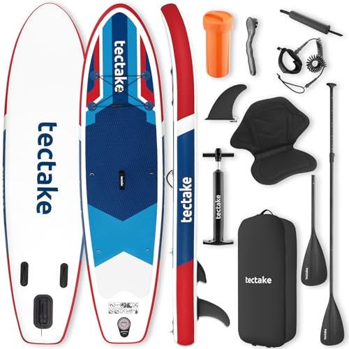tectake® Tabla de Paddle Surf Hinchable, Incluye Remo 2 en 1, Asiento Incorporado de Kayak, Sup Hinchable, Bomba de Aire, Mochila Remo Doble y 3 Aletas, Tabla Hinchable, Carga Máx: 200kg - Rojo/Azul