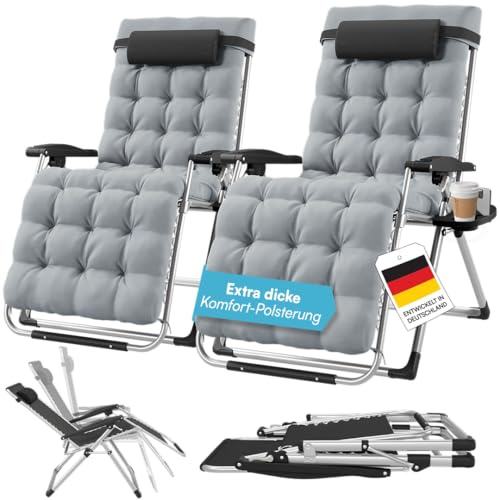 STEELSØN Lysira Zero Gravity Gartenliege 2er-Set, Grau, Gestell Silber | Klappbare Sonnenliege, Liegestuhl, Outdoor Relaxliege wetterfest, Campingliege mit Polsterauflage, Getränkehalter, bis 200 kg