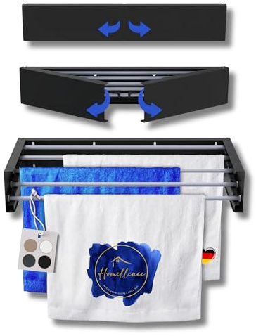 Homellence - Eleganter Wäscheständer Wand ausziehbar - Wandwäschetrockner | Robuster Wäschetrockner Wand - Wäscheständer Wandmontage - ausziehbar platzsparend mit 3,50m Trockenlänge (70 cm, Schwarz)