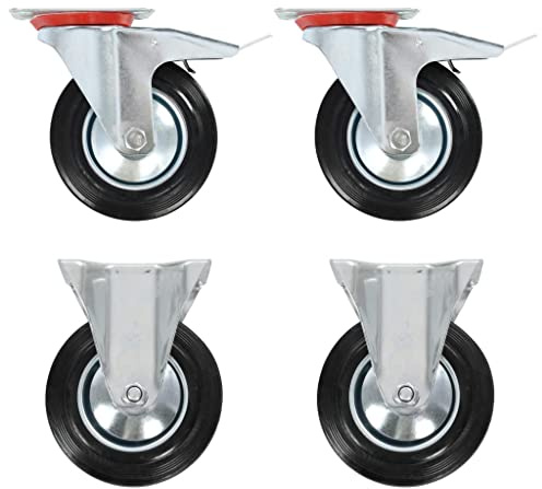 Ordellia rullar set 4 st. 160 mm av gummi och järn med zinkbeläggning, 2 bockhjul 2 styrhjul med dubbla bromsar, 150 kg per rulle för barnvagnar, plattformsvagnar, lagerlogistik, hantering