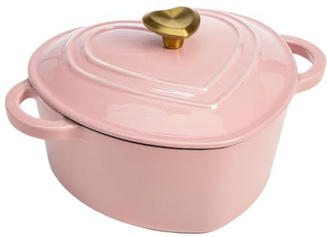Paris Hilton Enameled Cast Iron Dutch Oven Heart-Shaped Pot with Lid, Dual Handles, Works on All Stovetops, Oven Safe to 500°F, 2-Quart, Pink