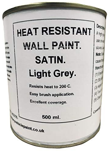 1 x 500ml Satin Light Grey Heat Resistant Wall Paint. Wood Burner Stove Alcove. Brick, concrete, plaster, cement board, rendering, metal, timber etc.