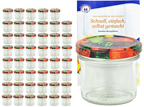 MamboCat 48er Set Sturzgläser 125 ml mit Obst Dekor Deckel to 66 inkl. Diamant Gelierzauber Rezeptheft Marmeladengläser Einmachgläser Einweckgläser