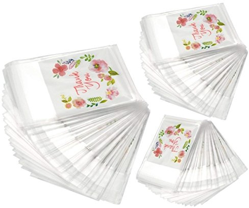 300pcs Thank You Printed Plastic Bags Pink Flower OPP Self Adhesive Cookie Mini Candy Packaging Biscuit Roasting DIY Gift Favor bags For All Parties