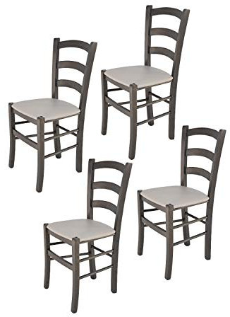 Tommychairs - Set 4 chaises VENICE pour cuisine, bar et salle à manger, robuste structure en bois de hêtre peindré en aniline grise foncée et assise rembourrée et revêtue en cuir artificiel gris clair