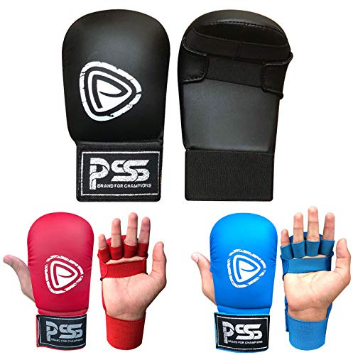 PSS barn karate mitt handskar för boxning kampsport jab träning sparring juniorkuddar öppen finger handflata stil utan tumme svart blå och röd färg 1018 1018 Red XS