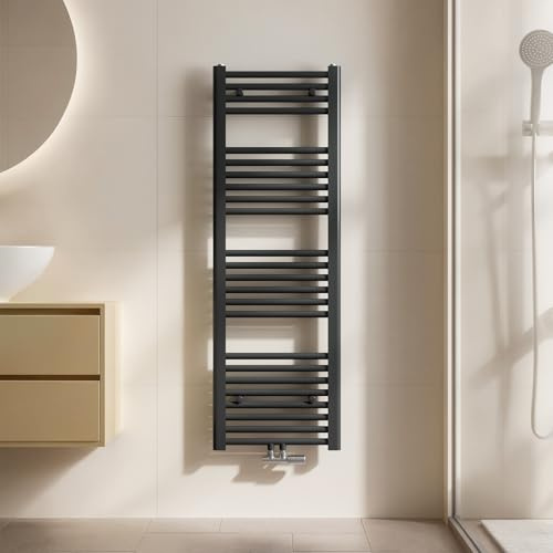 EMKE Handtuchheizkörper Gerade 1200x400 mm - Badheizkörper mit Mittelanschluss, Effizienter Handtuchwärmer Handtuchtrockner Heizkörper für Bad, Anthrazit, 427W