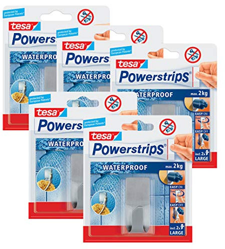 tesa Powerstrips Waterproof Haken Zoom Metall - Wasserfester Klebehaken aus Edelstahl für Badezimmer und Dusche (5 Haken)