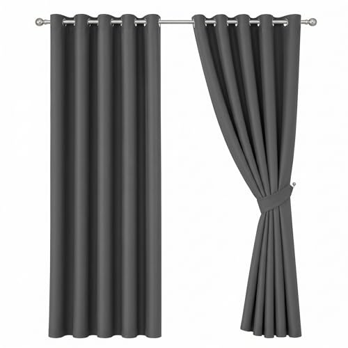 Oxford Homeware Eyelet Blackout Curtains for Bedroom 66x72 Inch Grey Curtains for Living Room Privacy Protection Window Curtain 2 Panels with Matching Tiebacks