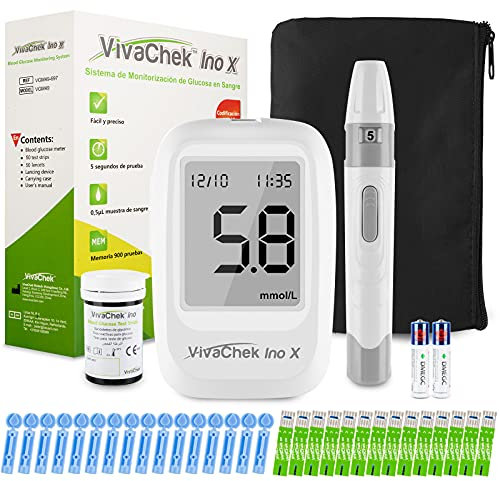 Medidor de glucosa en sangre, kit medidor azucar en sangre con tiras de prueba de glucosa en sangre x 25, recordatorios de prueba y 900 memorias por VivaChek Ino X glucometro en mg/dL