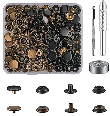 50 Sätze Druckknöpfe Set, Bronzed+Schwarz Button Werkzeug Metall Fastener Druckknopf Schraubbar Edelstahl Muttern und Bolzen Set für Kleidung Leder Handwerk Jacke Brieftasche Handtasche(203 Stück)