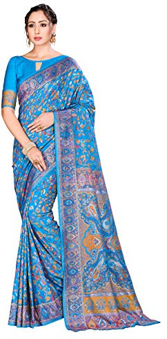 Sarees Per Le Donne Pashmina Handloom Cotone Seta Tessuto Sari ||Etnico Indiano Regalo Di Nozze Sari & Blusa Uncucita, Blu, Etichettalia unica