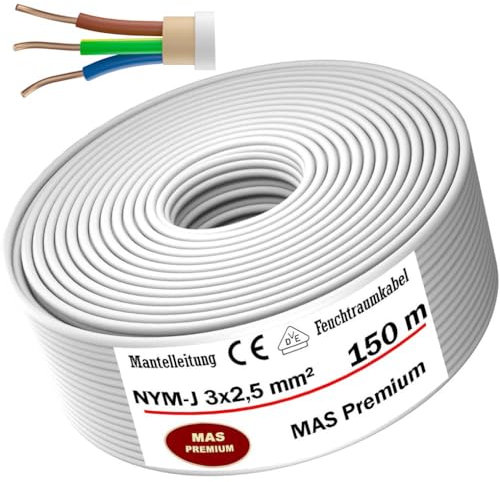 Cable de alimentación para ambientes húmedos, cable de alimentación de 5 m hasta 170 m, NYM-J, 3 x 2,5 mm², anillo de cable eléctrico para instalación fija (150 m)
