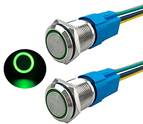 Aiqeer 2 Pièces 16 mm Commutateur Bouton-Poussoir Momentané, 12V / 24V 5A Interrupteur à Bouton-Poussoir en Acier Inoxydable Étanche IP67, avec Prise Pré-Câblée (LED Vert)