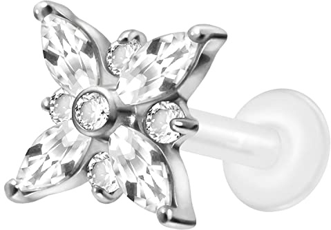 PIERCINGLINE PTFE Labret mit Gewinde Titan Aufsatz KRISTALL STERN Piercing Nase Ohr Helix Tragus Lippe Medusa Silberfarben 1,2 x 7 mm