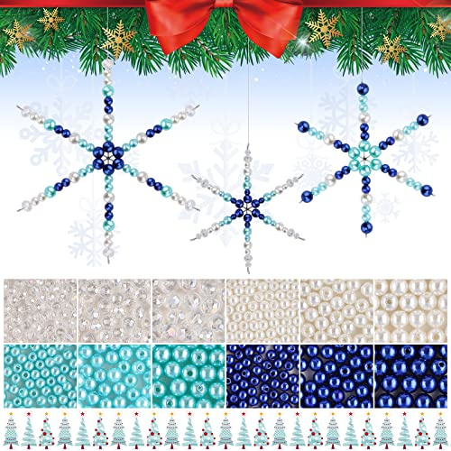 Kalolary 1104 Stück Christmas Snowflake Wire Forms | Xmas Metall Schneeflocke DIY Craft Blue White Pearl Charm 24 Stück Metall Schneeflocken Drähte mit 1080 Perlen Basteln