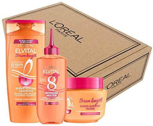 L'Oréal Paris Elvital Pflege-Set mit Dream Length Super Aufbau Haarshampoo (250 ml), Dream Length Super Aufbau Maske (300 ml) & Dream Length 8 Sekunden Wonder Water Lamellar Haarfluid (200 ml)