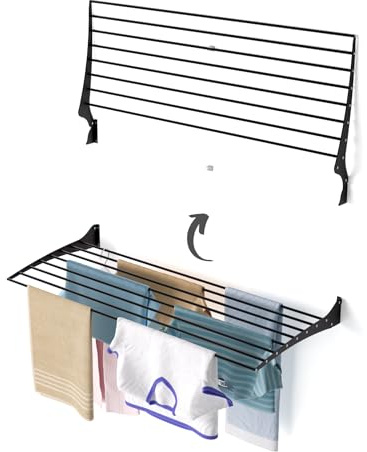 Foxydry Fold, wandwäscheständer, klappbar platzsparend, 116 cm | aus aluminium und edelstahl, nach oben klappbar, rostfrei, für terrasse und balkon, trägt 10 kg, schwarz